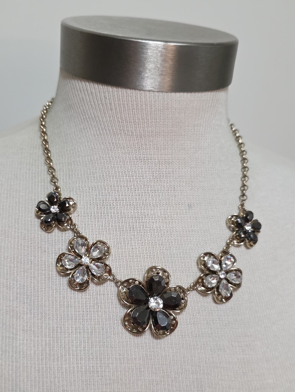Goldtone Grey Clear Crystal Flower Statement Necklace 22"